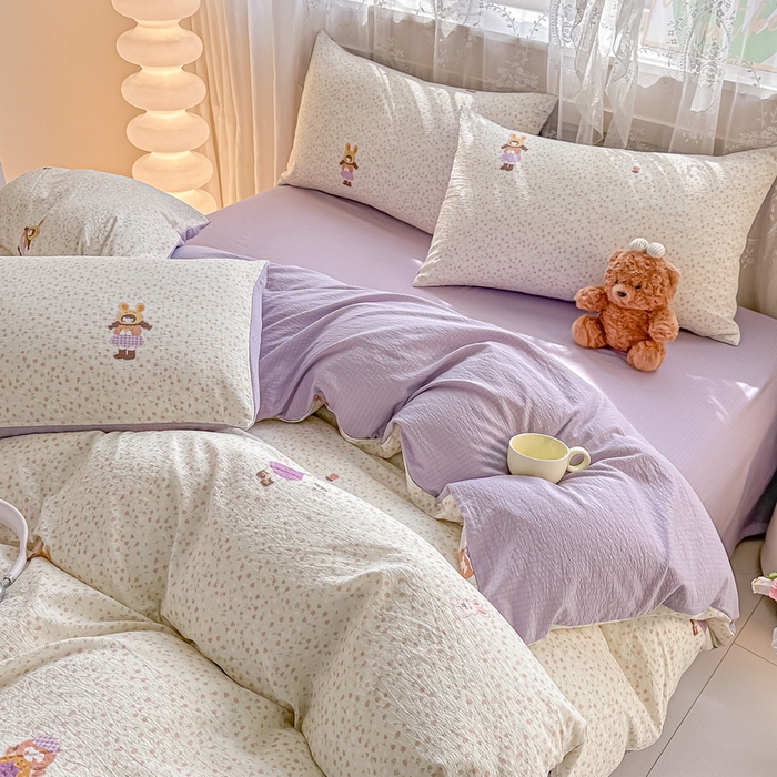 侯先生家纺新款直播爆款云感双层纱皱皱纱四件套小清新水洗棉床笠 小花萝莉