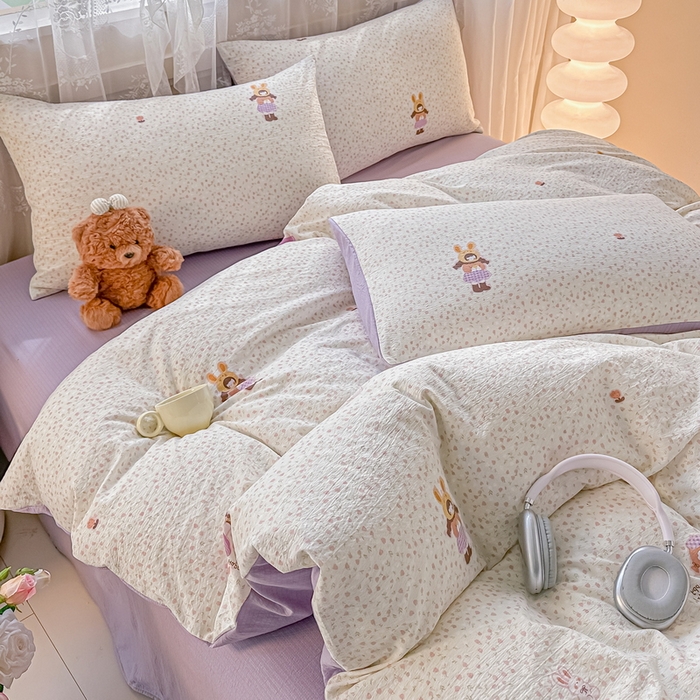 91家纺网 家纺一手货源 找家纺 侯先生家纺新款直播爆款云感双层纱皱皱纱四件套小清新水洗棉床笠 小花萝莉