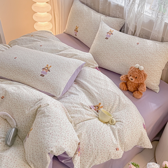 91家纺网 家纺一手货源 找家纺 侯先生家纺新款直播爆款云感双层纱皱皱纱四件套小清新水洗棉床笠 小花萝莉