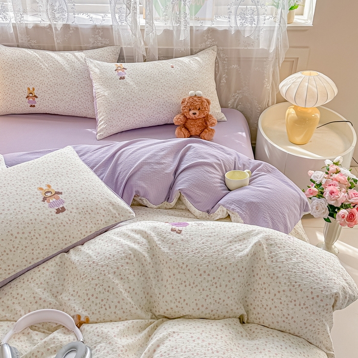 91家纺网 家纺一手货源 找家纺 侯先生家纺新款直播爆款云感双层纱皱皱纱四件套小清新水洗棉床笠 小花萝莉