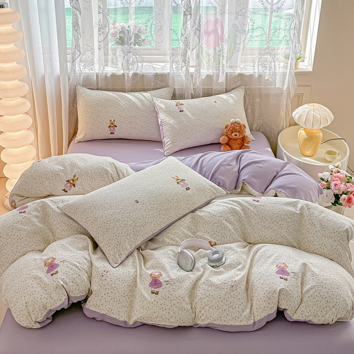 91家纺网 家纺一手货源 找家纺 侯先生家纺新款直播爆款云感双层纱皱皱纱四件套小清新水洗棉床笠 小花萝莉