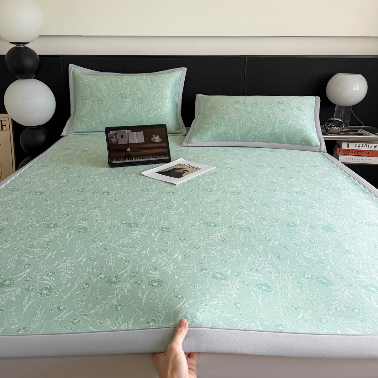 倾慕家纺 2026新款PE50提花凉感冰丝凉席 花星点点绿