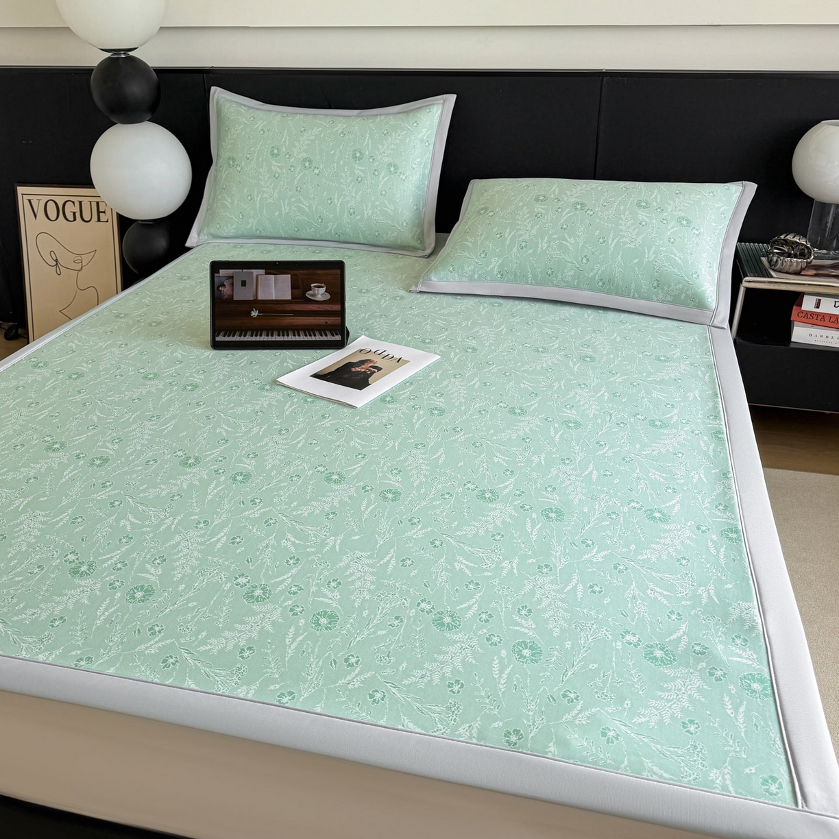 91家纺网 家纺一手货源 找家纺 倾慕家纺 2026新款PE50提花凉感冰丝凉席 花星点点绿