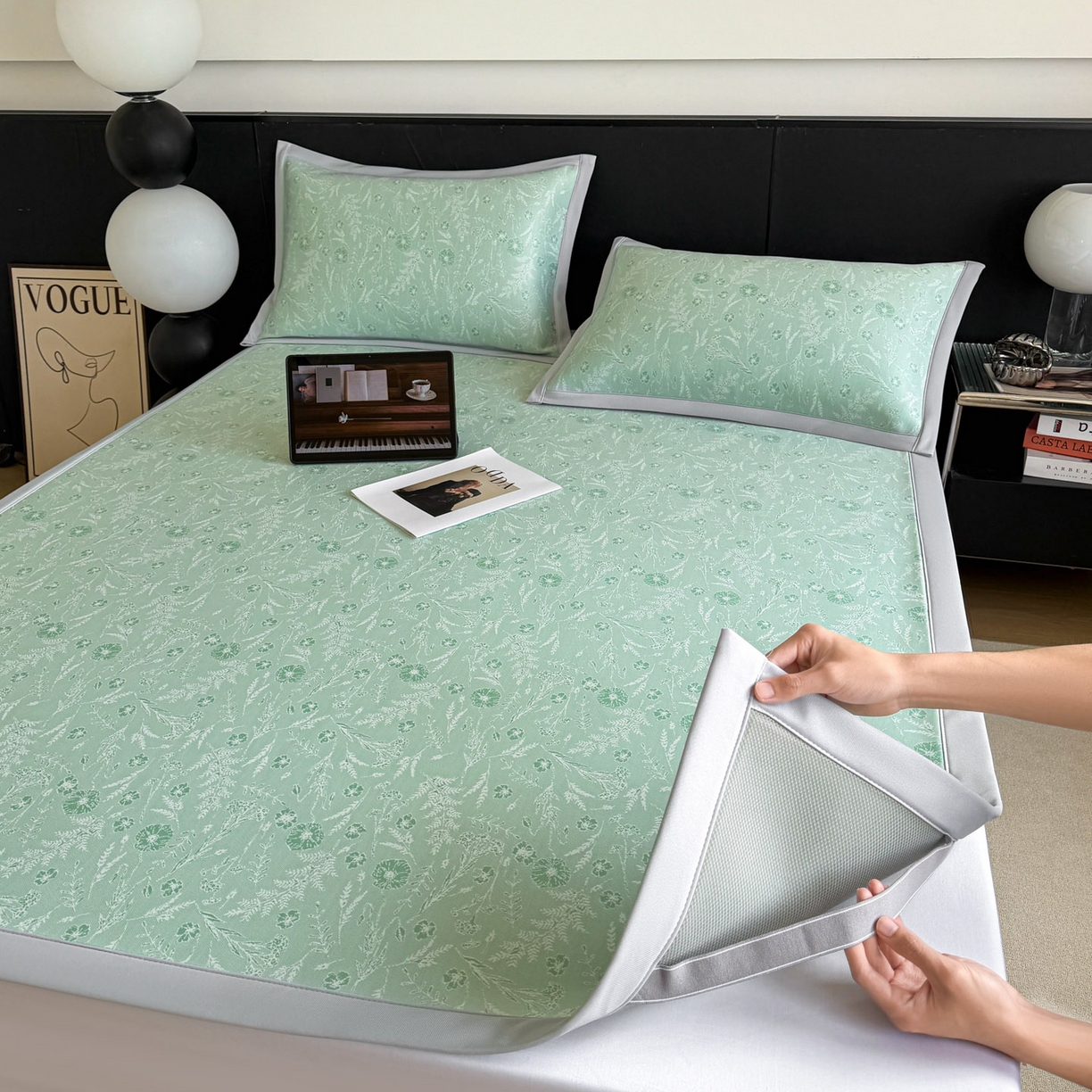 91家纺网 家纺一手货源 找家纺 倾慕家纺 2026新款PE50提花凉感冰丝凉席 花星点点绿