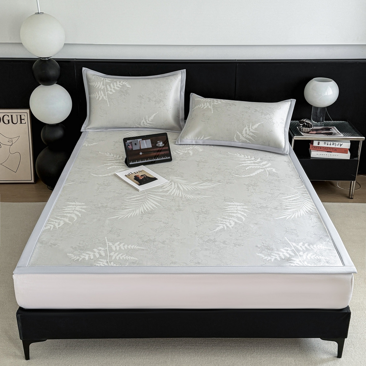 91家纺网 家纺一手货源 找家纺 倾慕家纺 2026新款PE50提花凉感冰丝凉席 叶繁灰