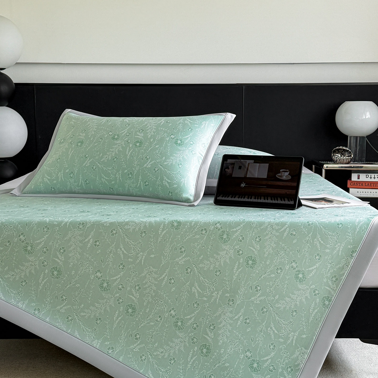 91家纺网 家纺一手货源 找家纺 倾慕家纺 2026新款PE50提花凉感冰丝凉席 花星点点绿