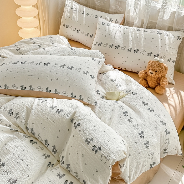 91家纺网 家纺一手货源 找家纺 侯先生家纺新款直播爆款云感双层纱皱皱纱四件套小清新水洗棉床笠 星眠小马