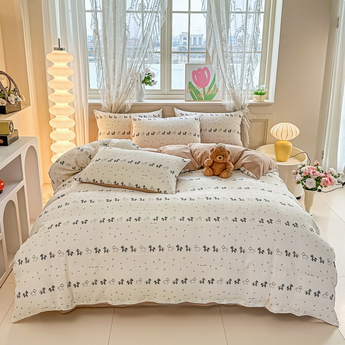 91家纺网 家纺一手货源 找家纺 侯先生家纺新款直播爆款云感双层纱皱皱纱四件套小清新水洗棉床笠 星眠小马