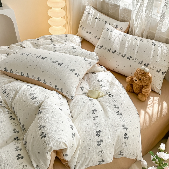 91家纺网 家纺一手货源 找家纺 侯先生家纺新款直播爆款云感双层纱皱皱纱四件套小清新水洗棉床笠 星眠小马