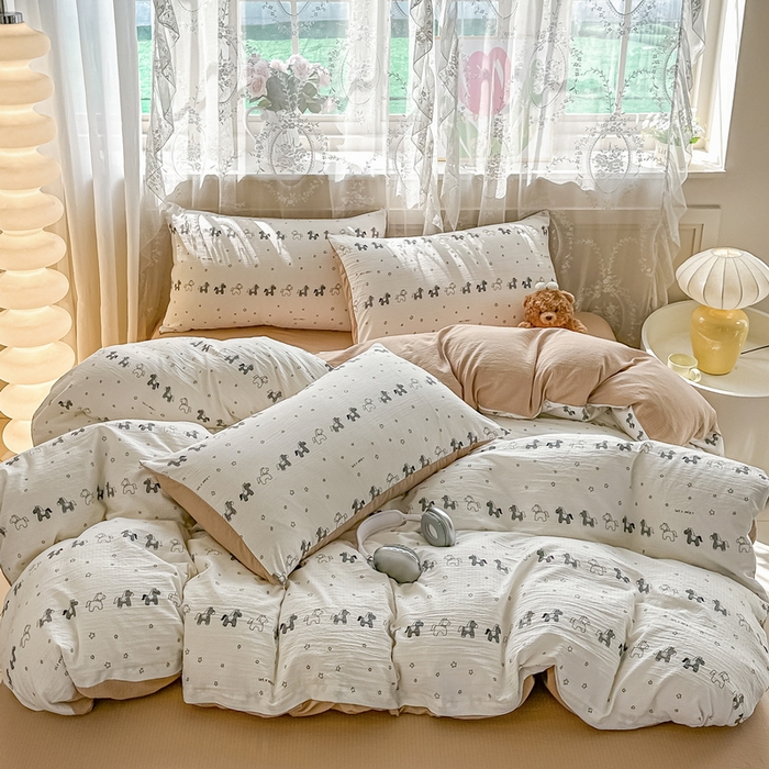 91家纺网 家纺一手货源 找家纺 侯先生家纺新款直播爆款云感双层纱皱皱纱四件套小清新水洗棉床笠 星眠小马