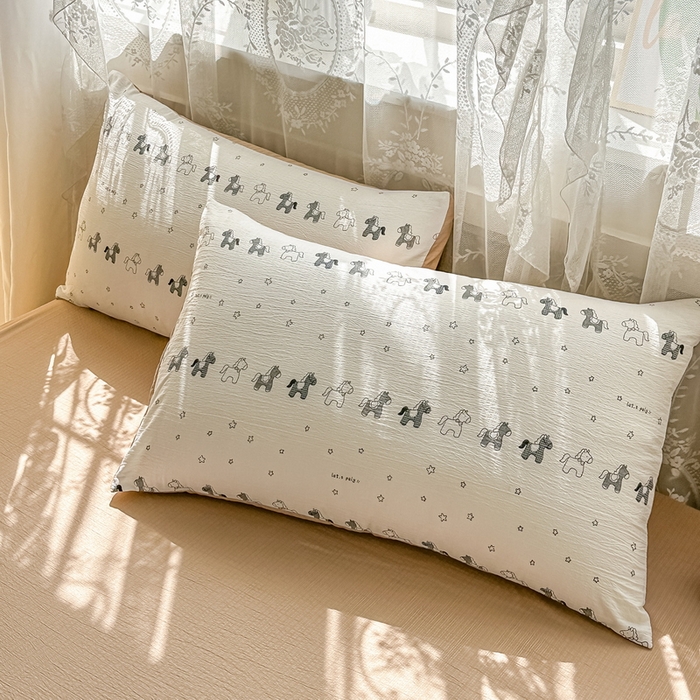 91家纺网 家纺一手货源 找家纺 侯先生家纺新款直播爆款云感双层纱皱皱纱四件套小清新水洗棉床笠 星眠小马