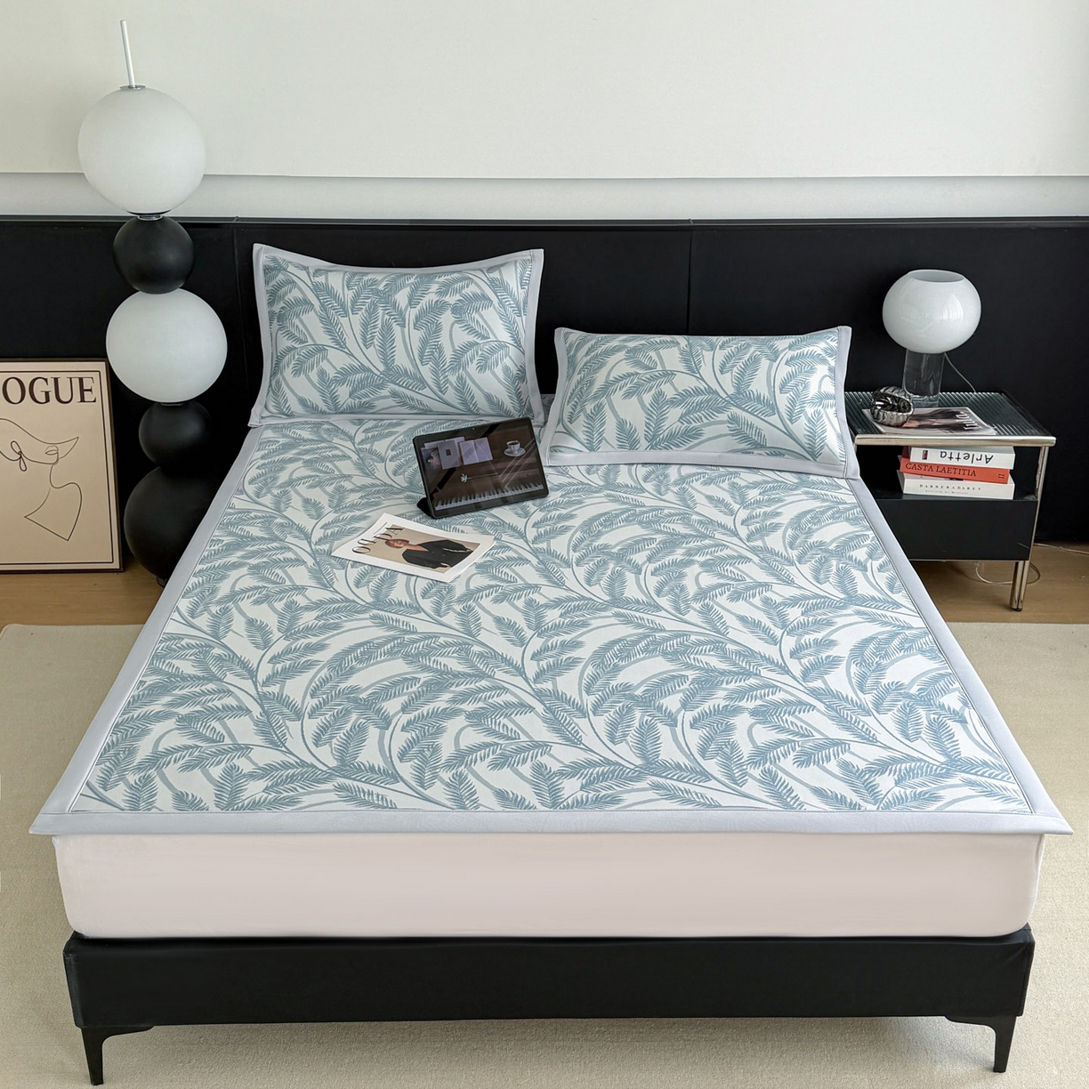 91家纺网 家纺一手货源 找家纺 倾慕家纺 2026新款PE50提花凉感冰丝凉席 针叶蓝