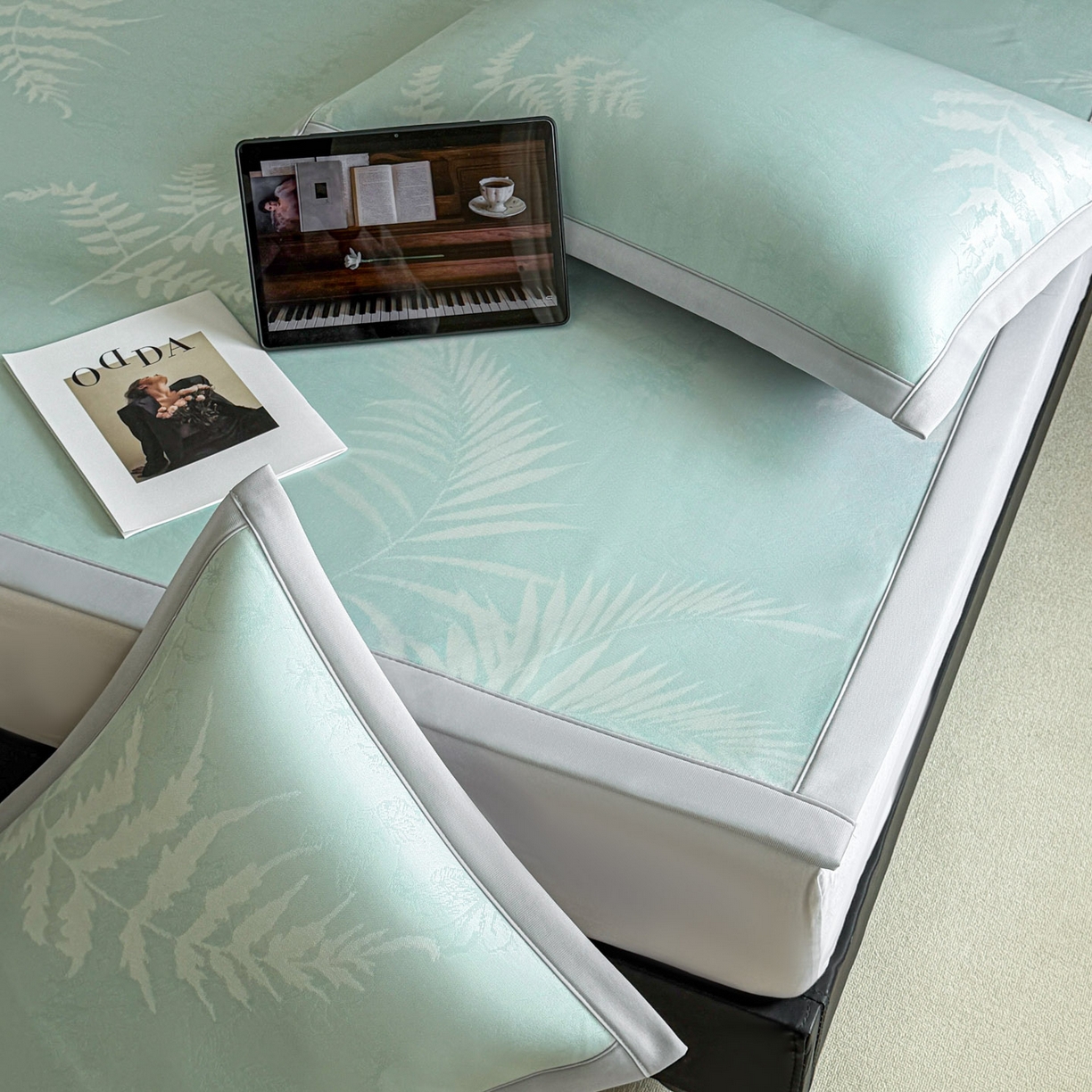 91家纺网 家纺一手货源 找家纺 倾慕家纺 2026新款PE50提花凉感冰丝凉席 叶繁绿