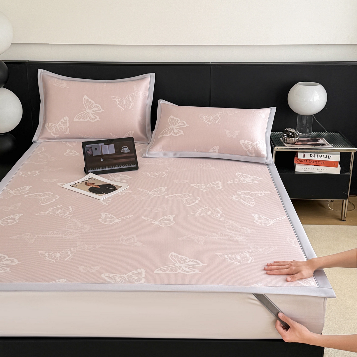 91家纺网 家纺一手货源 找家纺 倾慕家纺 2026新款PE50提花凉感冰丝凉席 简蝶粉