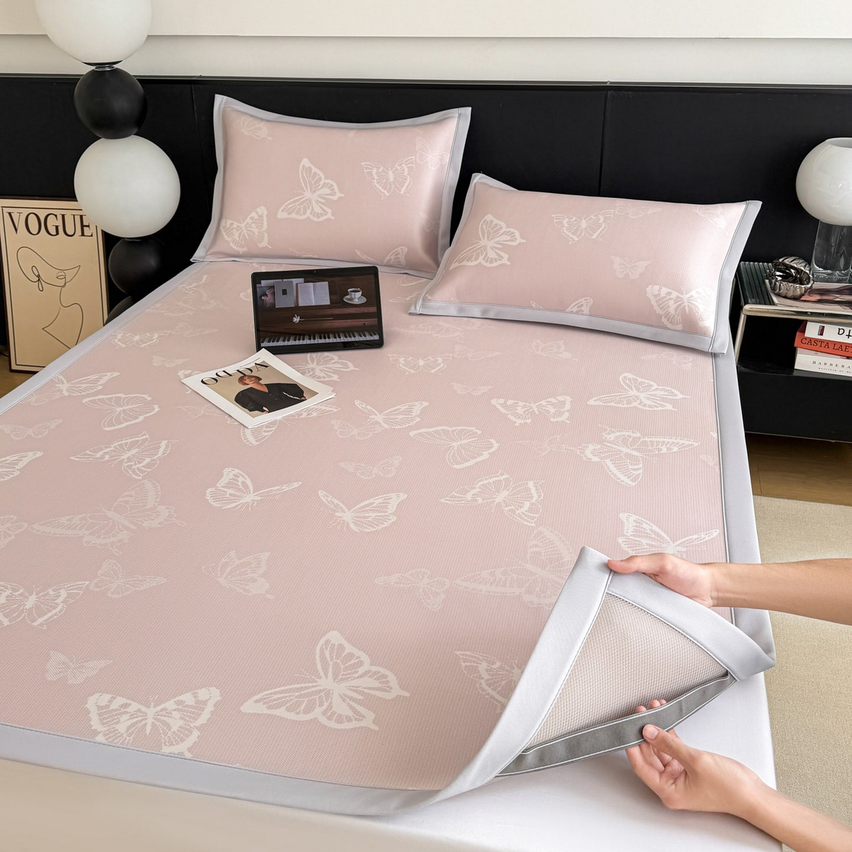 91家纺网 家纺一手货源 找家纺 倾慕家纺 2026新款PE50提花凉感冰丝凉席 简蝶粉