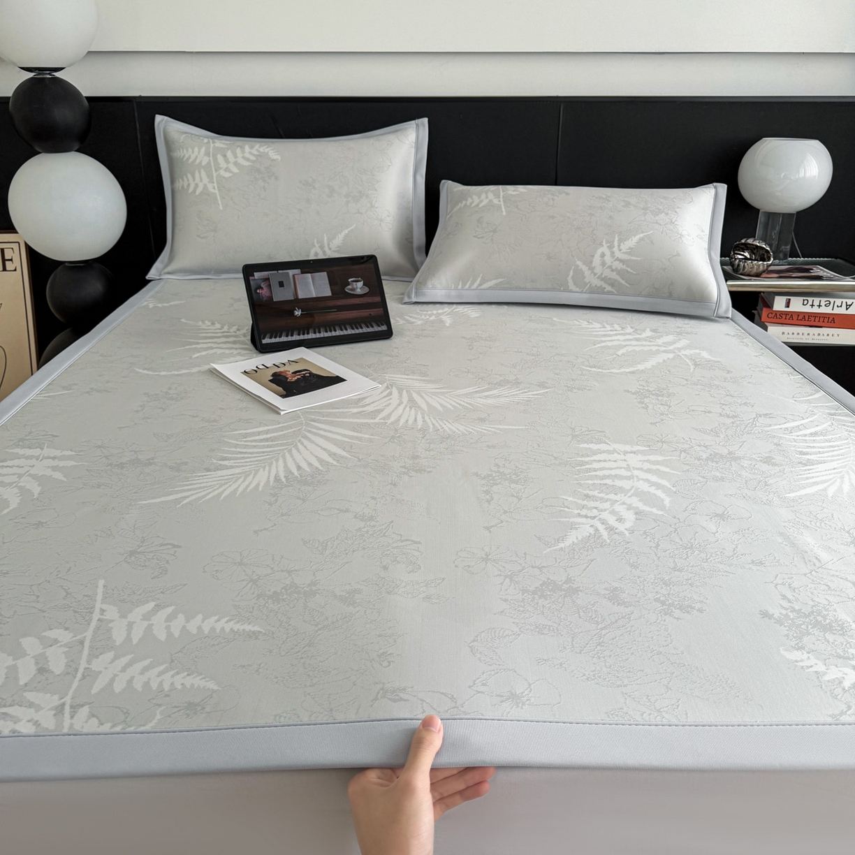 倾慕家纺 2026新款PE50提花凉感冰丝凉席 叶繁灰