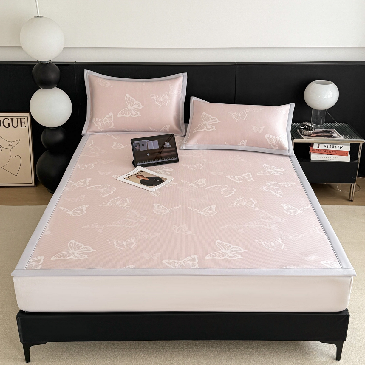 91家纺网 家纺一手货源 找家纺 倾慕家纺 2026新款PE50提花凉感冰丝凉席 简蝶粉