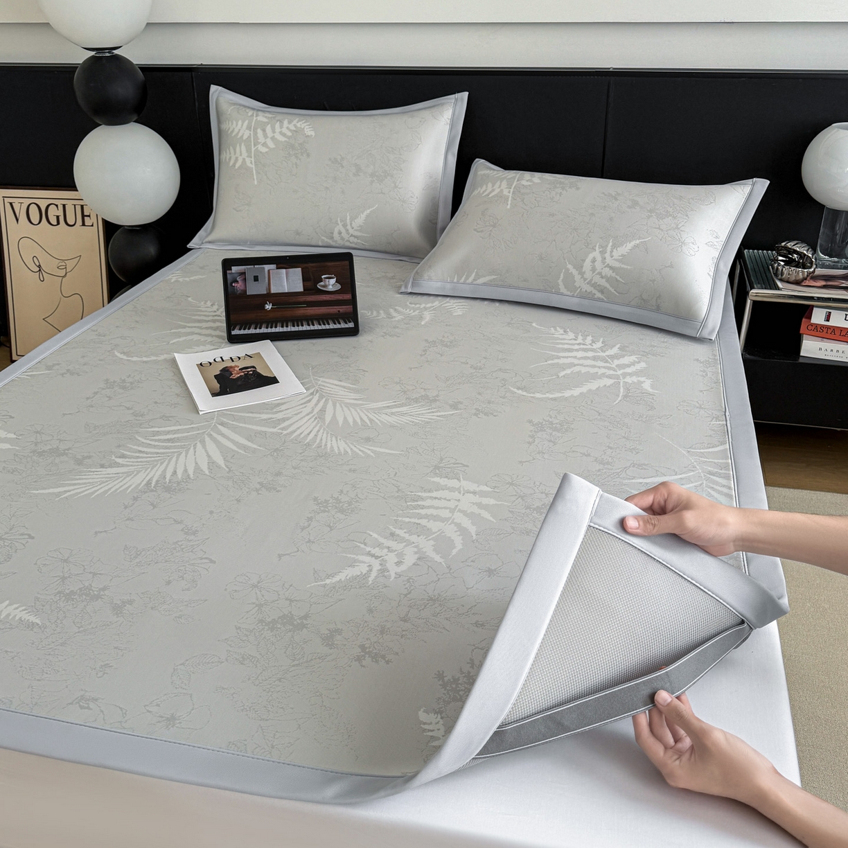 91家纺网 家纺一手货源 找家纺 倾慕家纺 2026新款PE50提花凉感冰丝凉席 叶繁灰