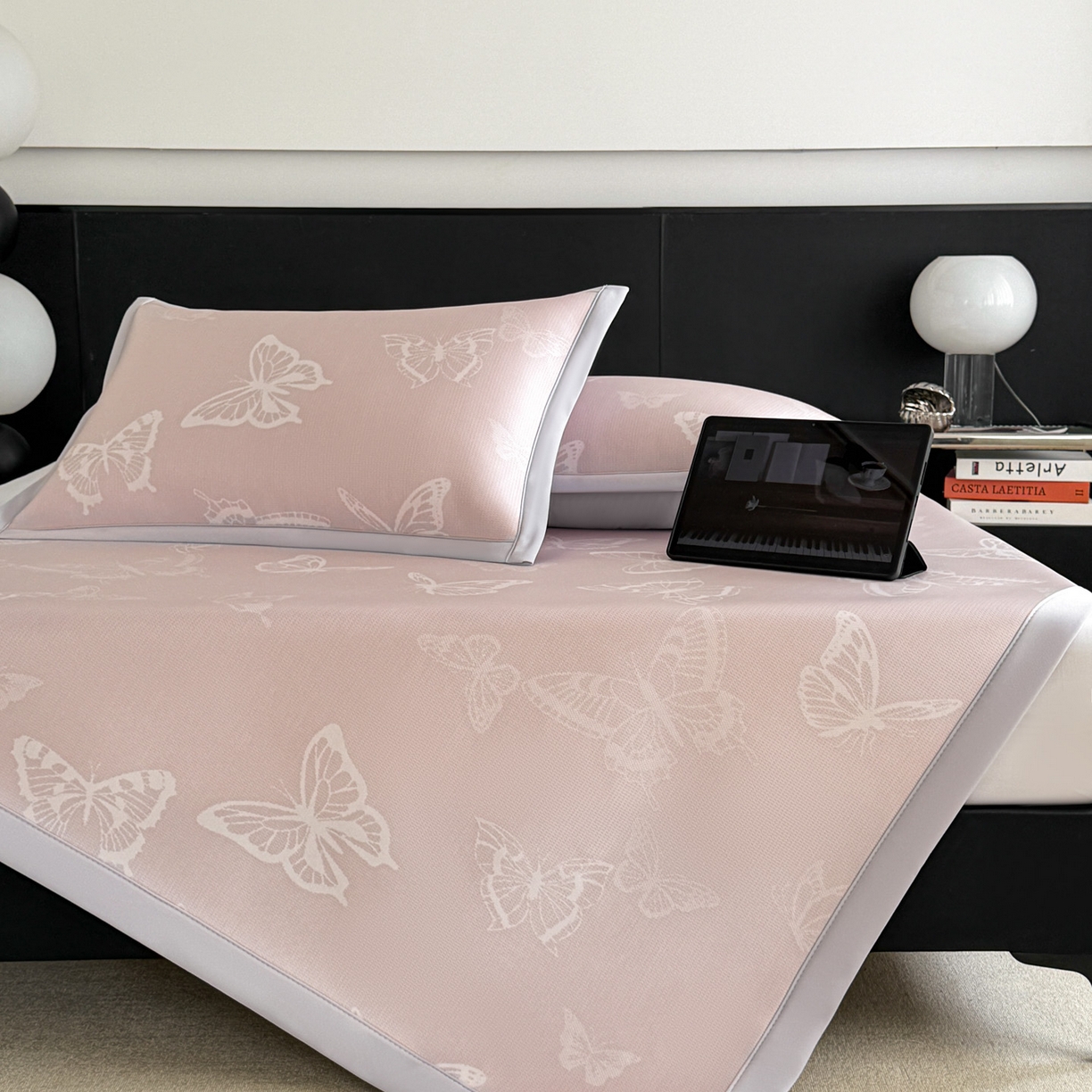 91家纺网 家纺一手货源 找家纺 倾慕家纺 2026新款PE50提花凉感冰丝凉席 简蝶粉