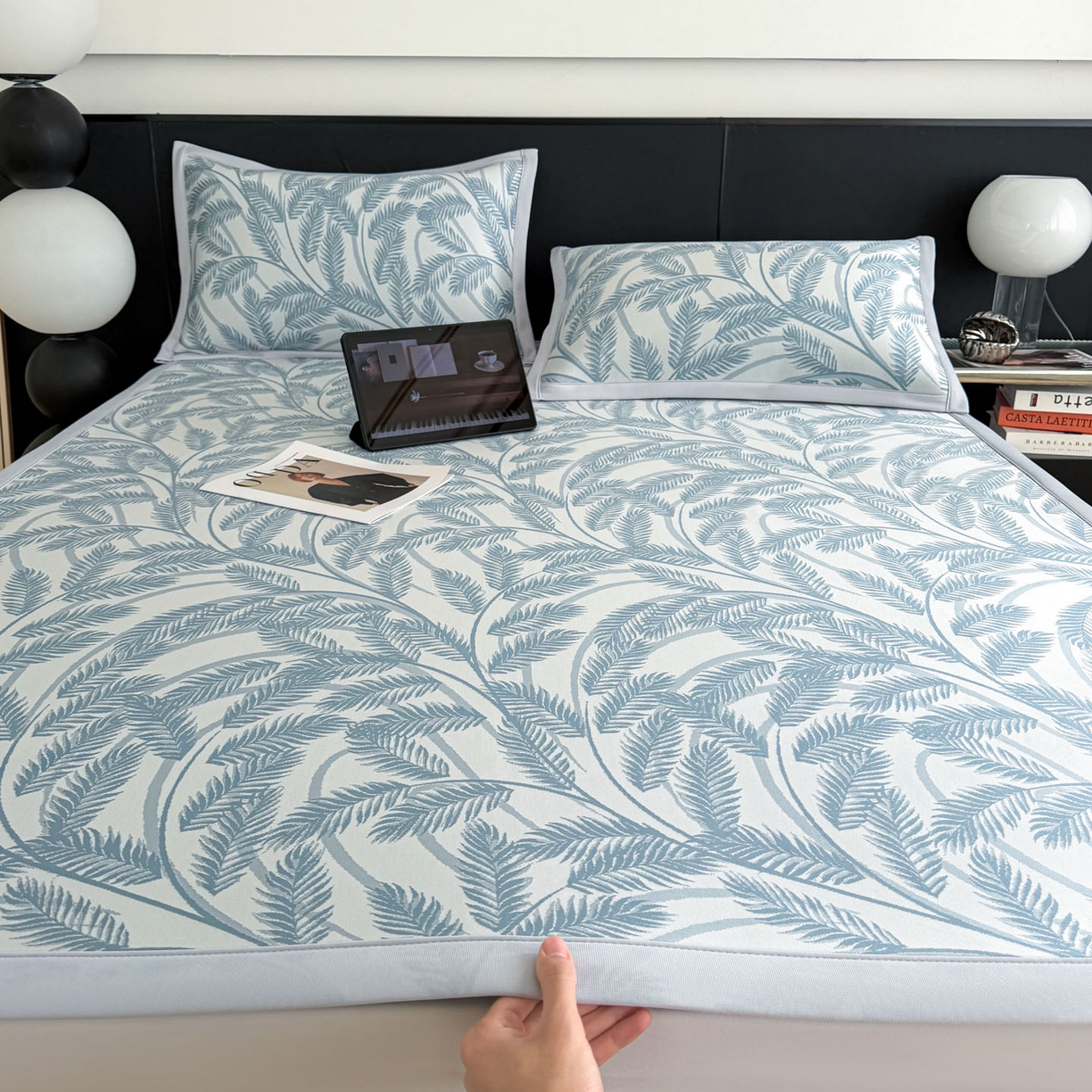 倾慕家纺 2026新款PE50提花凉感冰丝凉席 针叶蓝