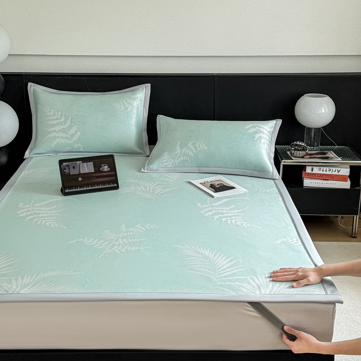 91家纺网 家纺一手货源 找家纺 倾慕家纺 2026新款PE50提花凉感冰丝凉席 叶繁绿