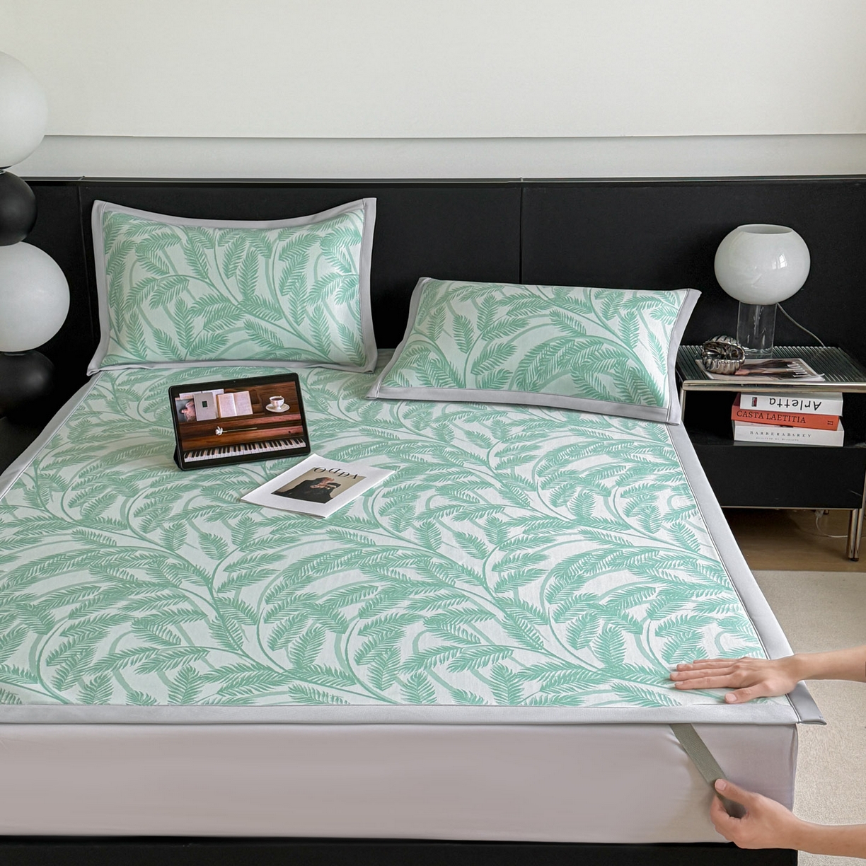 91家纺网 家纺一手货源 找家纺 倾慕家纺 2026新款PE50提花凉感冰丝凉席 针叶绿