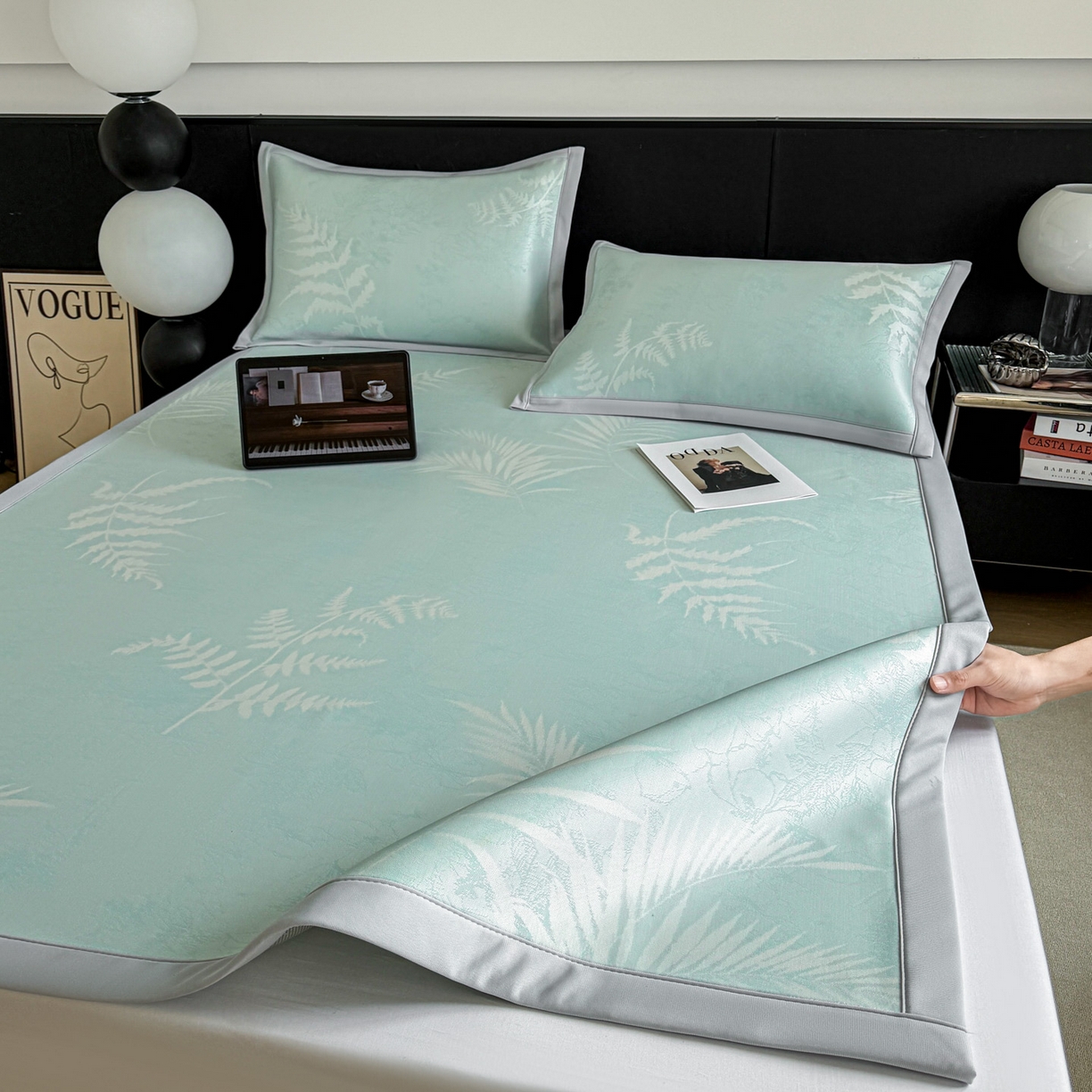 91家纺网 家纺一手货源 找家纺 倾慕家纺 2026新款PE50提花凉感冰丝凉席 叶繁绿