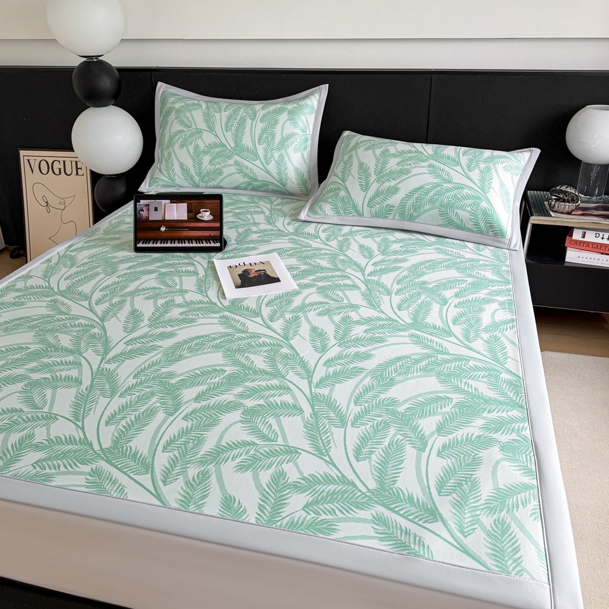 91家纺网 家纺一手货源 找家纺 倾慕家纺 2026新款PE50提花凉感冰丝凉席 针叶绿