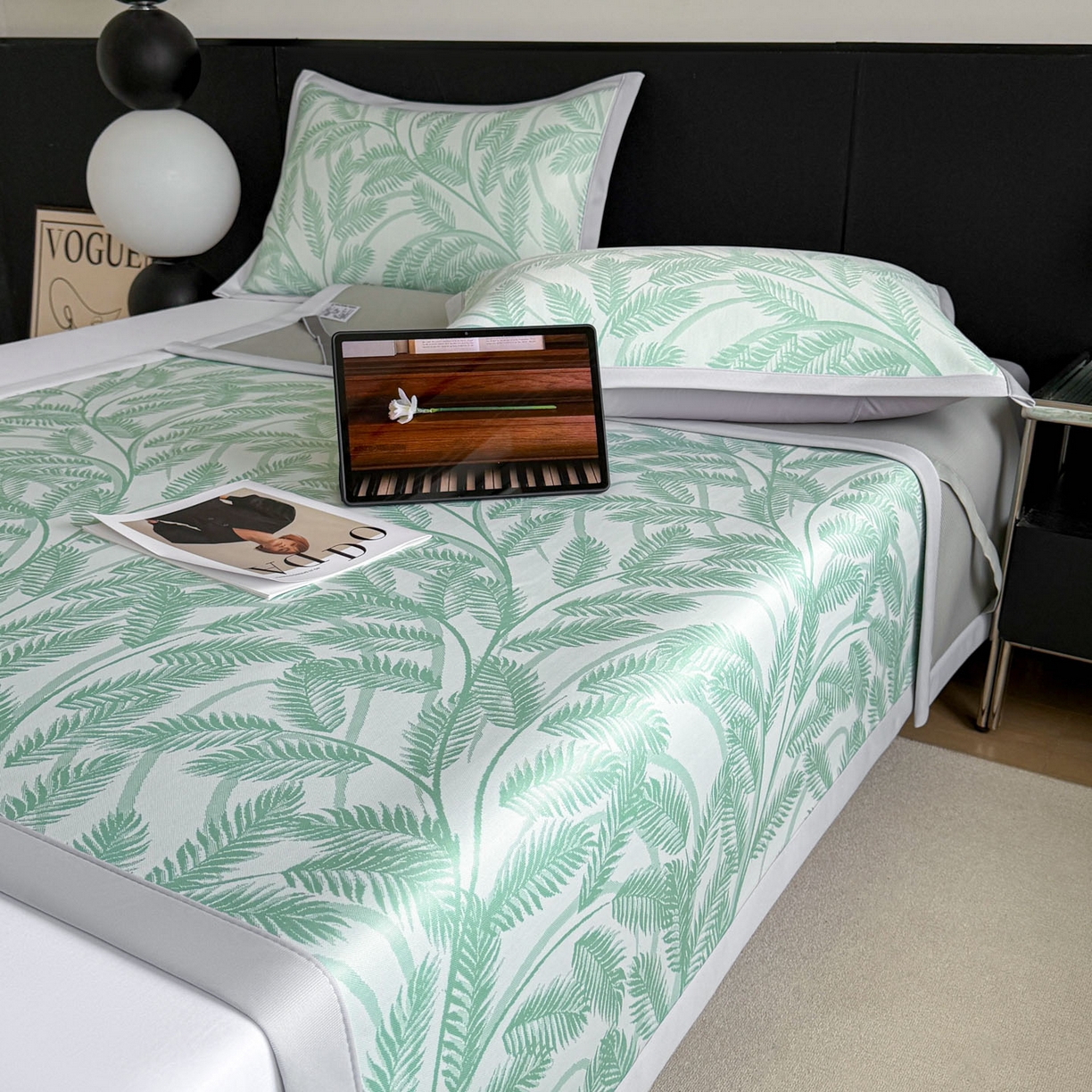 91家纺网 家纺一手货源 找家纺 倾慕家纺 2026新款PE50提花凉感冰丝凉席 针叶绿