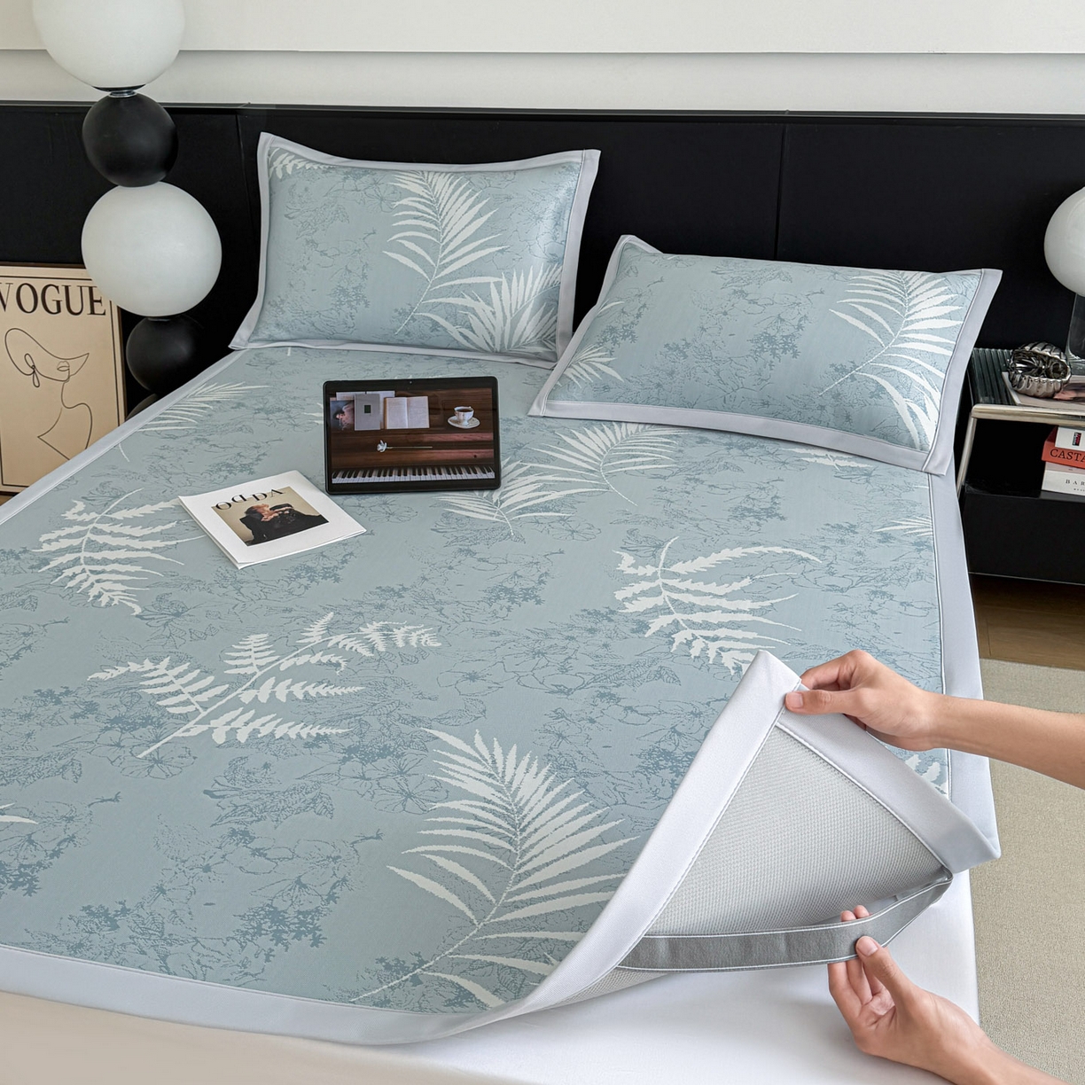 91家纺网 家纺一手货源 找家纺 倾慕家纺 2026新款PE50提花凉感冰丝凉席 叶繁蓝