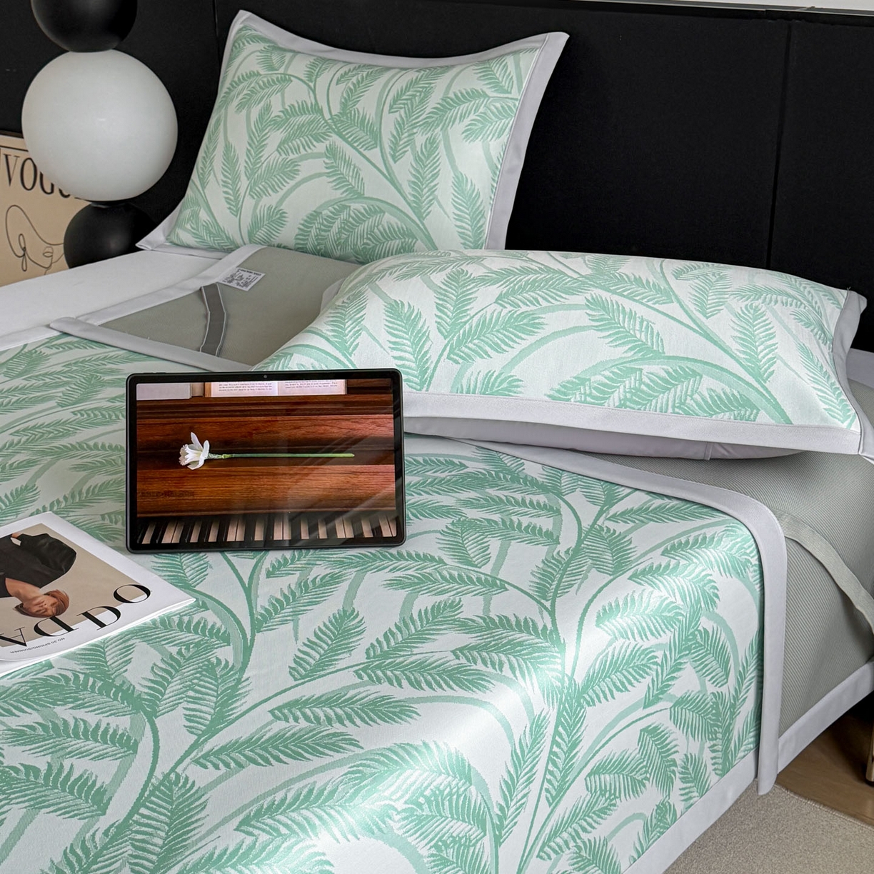 91家纺网 家纺一手货源 找家纺 倾慕家纺 2026新款PE50提花凉感冰丝凉席 针叶绿