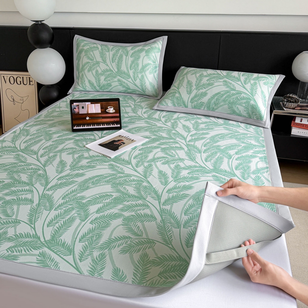 91家纺网 家纺一手货源 找家纺 倾慕家纺 2026新款PE50提花凉感冰丝凉席 针叶绿