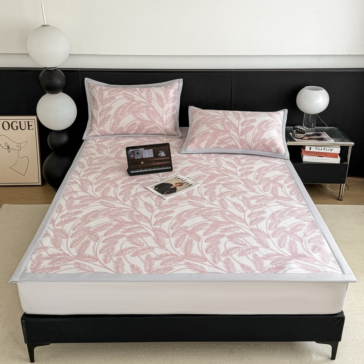 91家纺网 家纺一手货源 找家纺 倾慕家纺 2026新款PE50提花凉感冰丝凉席 针叶粉