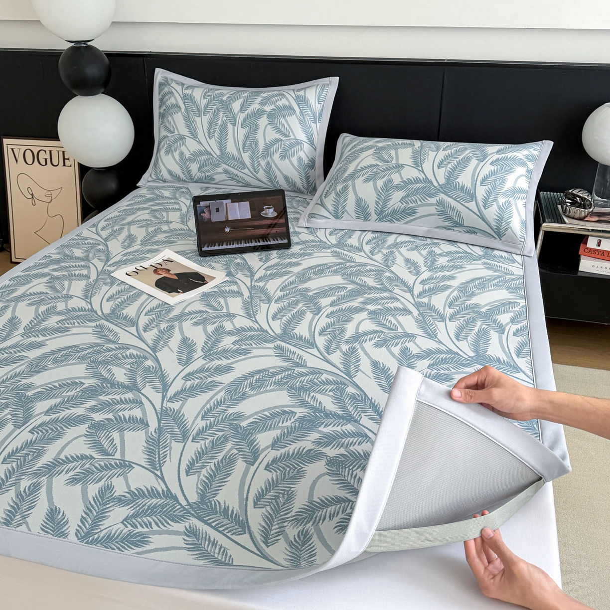 91家纺网 家纺一手货源 找家纺 倾慕家纺 2026新款PE50提花凉感冰丝凉席 针叶蓝