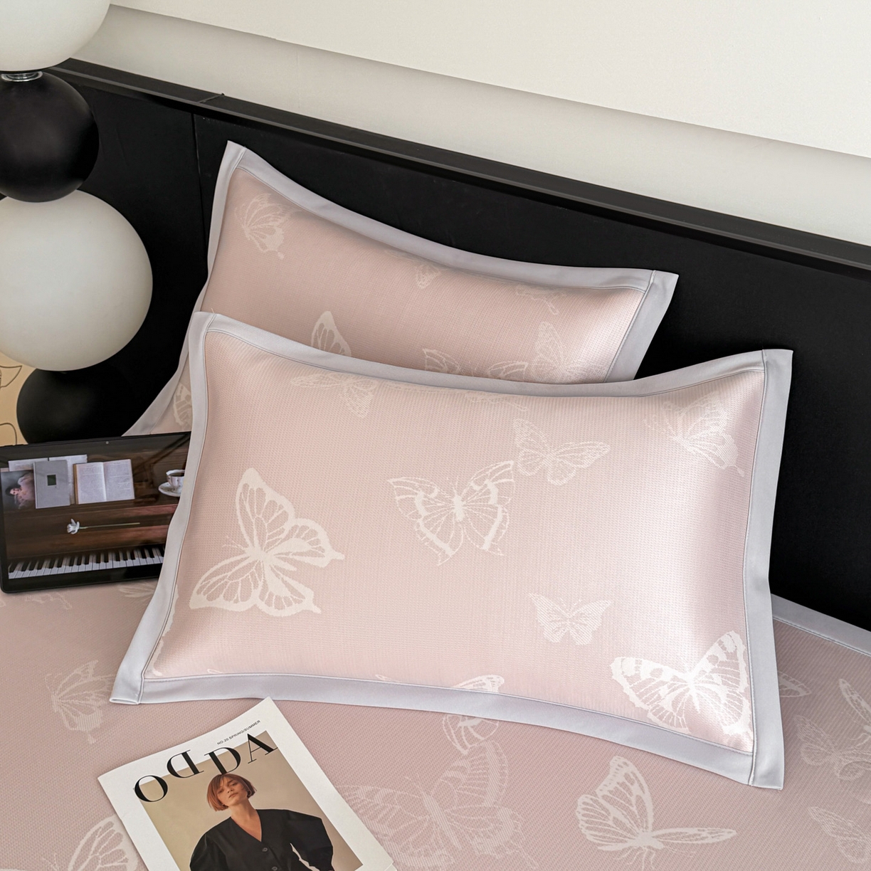 91家纺网 家纺一手货源 找家纺 倾慕家纺 2026新款PE50提花凉感冰丝凉席 简蝶粉