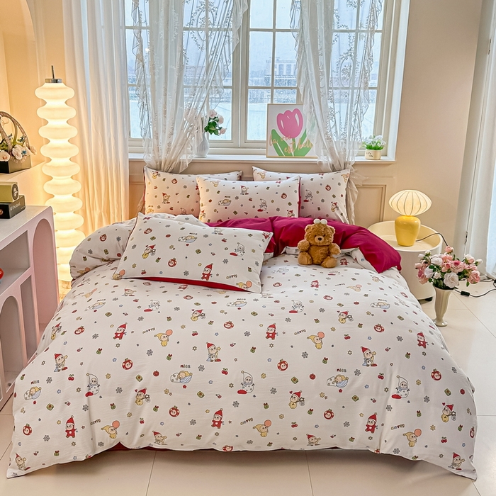 91家纺网 家纺一手货源 找家纺 侯先生家纺新款直播爆款云感双层纱皱皱纱四件套小清新水洗棉床笠 星雪人