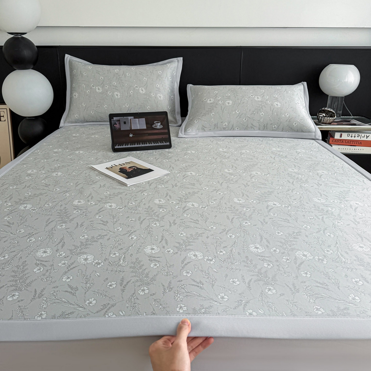 倾慕家纺 2026新款PE50提花凉感冰丝凉席 花星点点灰