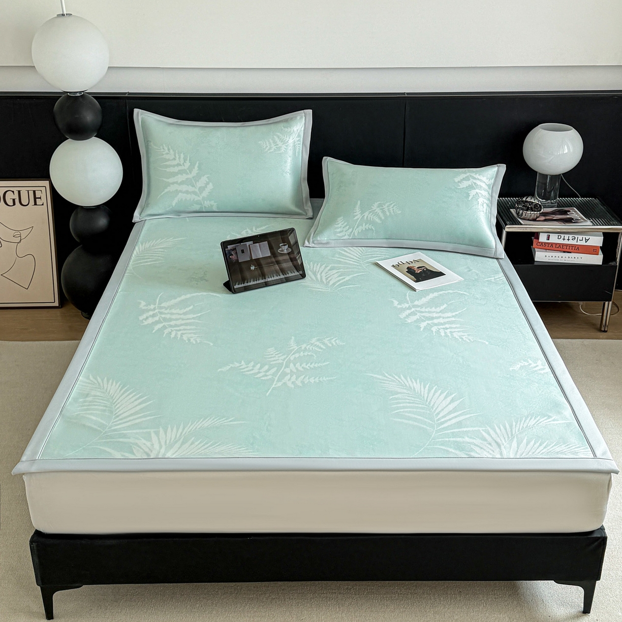 91家纺网 家纺一手货源 找家纺 倾慕家纺 2026新款PE50提花凉感冰丝凉席 叶繁绿