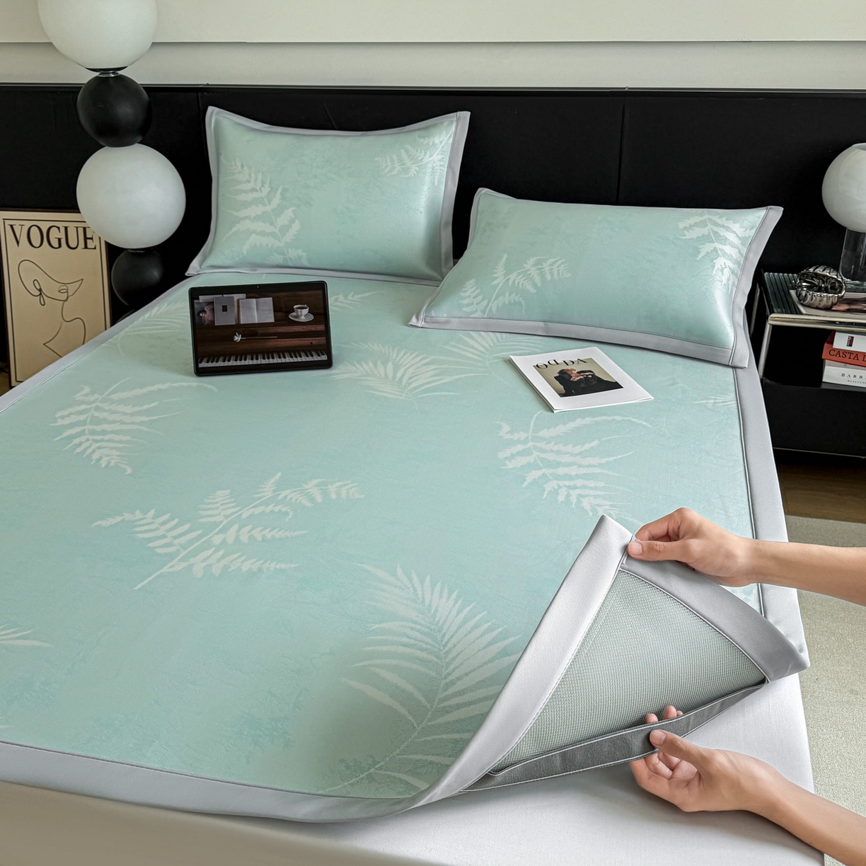 91家纺网 家纺一手货源 找家纺 倾慕家纺 2026新款PE50提花凉感冰丝凉席 叶繁绿