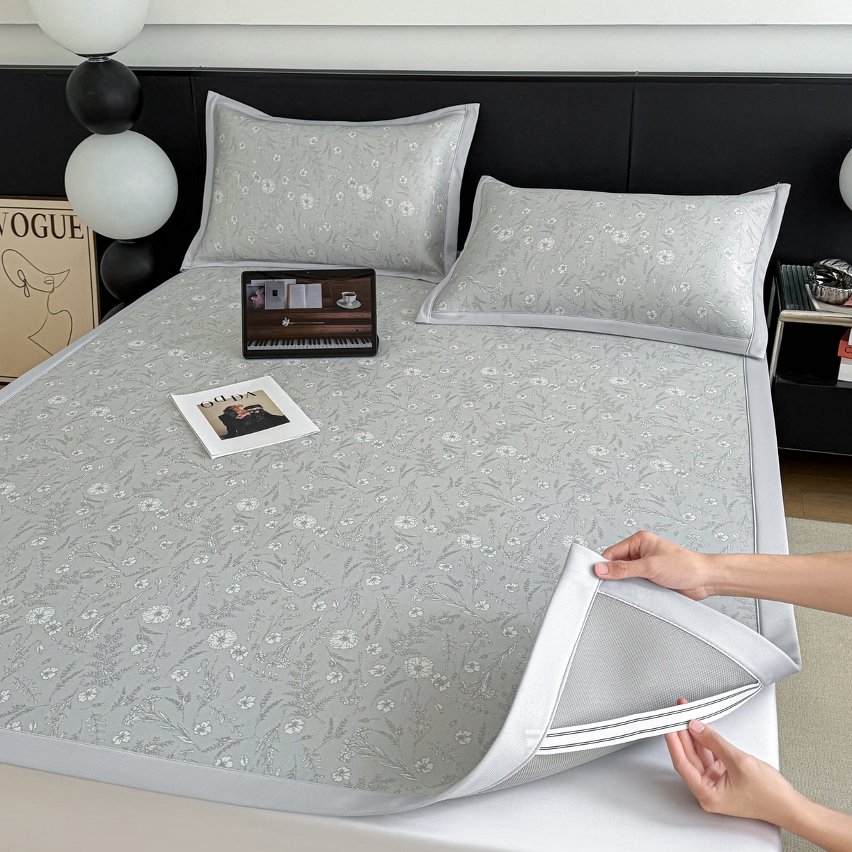 91家纺网 家纺一手货源 找家纺 倾慕家纺 2026新款PE50提花凉感冰丝凉席 花星点点灰