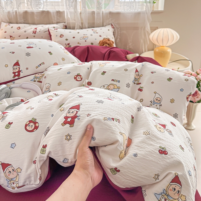 91家纺网 家纺一手货源 找家纺 侯先生家纺新款直播爆款云感双层纱皱皱纱四件套小清新水洗棉床笠 星雪人