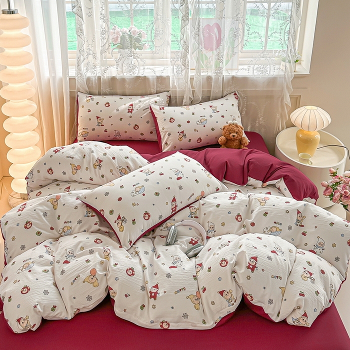 91家纺网 家纺一手货源 找家纺 侯先生家纺新款直播爆款云感双层纱皱皱纱四件套小清新水洗棉床笠 星雪人