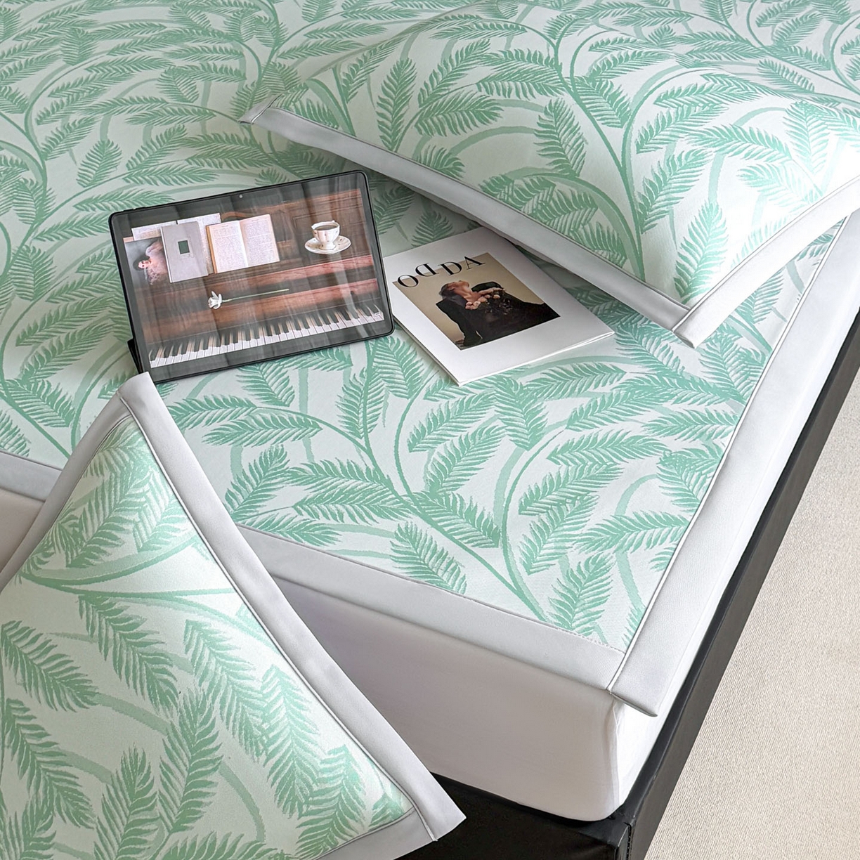 91家纺网 家纺一手货源 找家纺 倾慕家纺 2026新款PE50提花凉感冰丝凉席 针叶绿