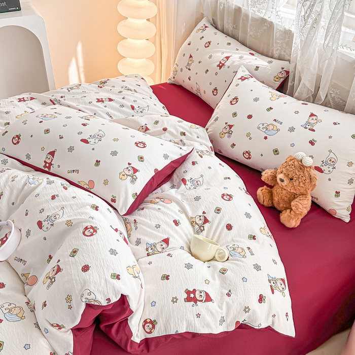 91家纺网 家纺一手货源 找家纺 侯先生家纺新款直播爆款云感双层纱皱皱纱四件套小清新水洗棉床笠 星雪人