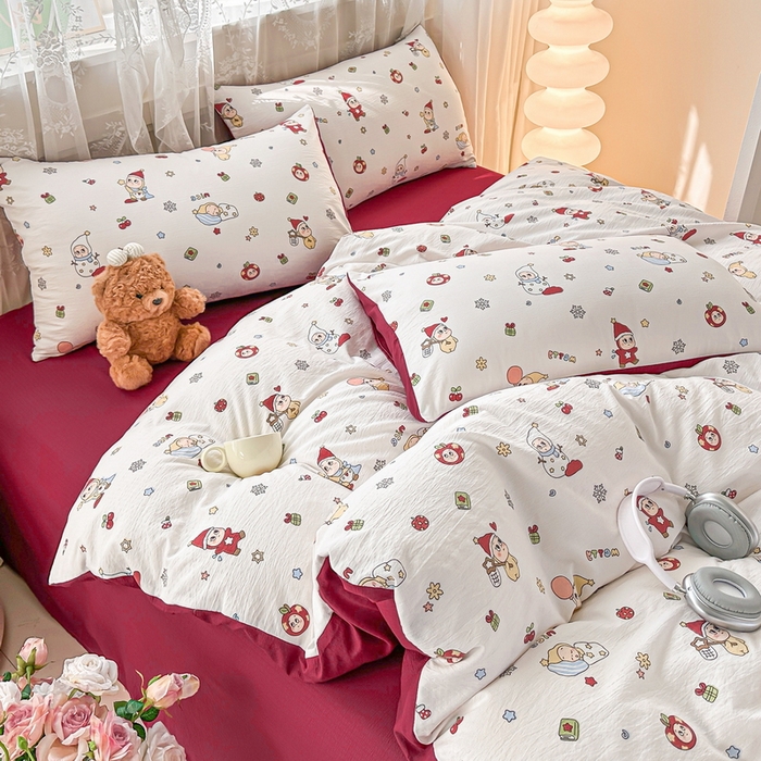 91家纺网 家纺一手货源 找家纺 侯先生家纺新款直播爆款云感双层纱皱皱纱四件套小清新水洗棉床笠 星雪人