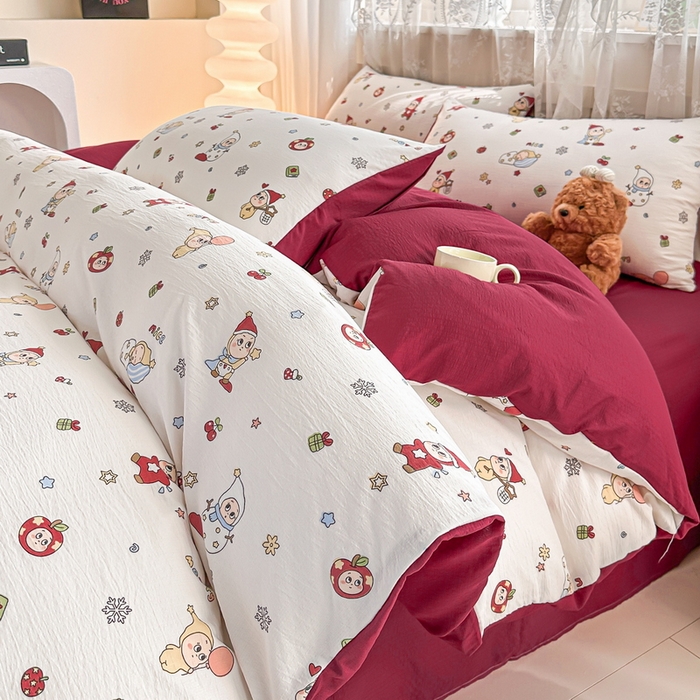 91家纺网 家纺一手货源 找家纺 侯先生家纺新款直播爆款云感双层纱皱皱纱四件套小清新水洗棉床笠 星雪人