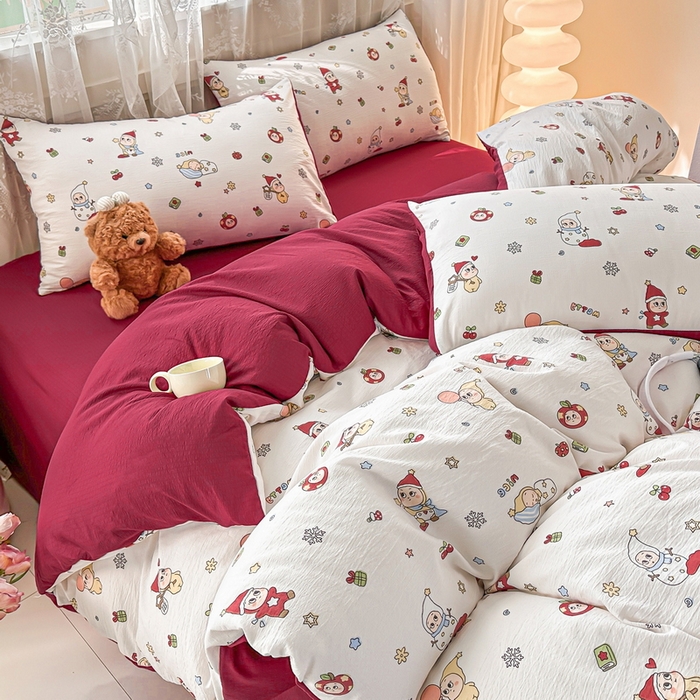 91家纺网 家纺一手货源 找家纺 侯先生家纺新款直播爆款云感双层纱皱皱纱四件套小清新水洗棉床笠 星雪人