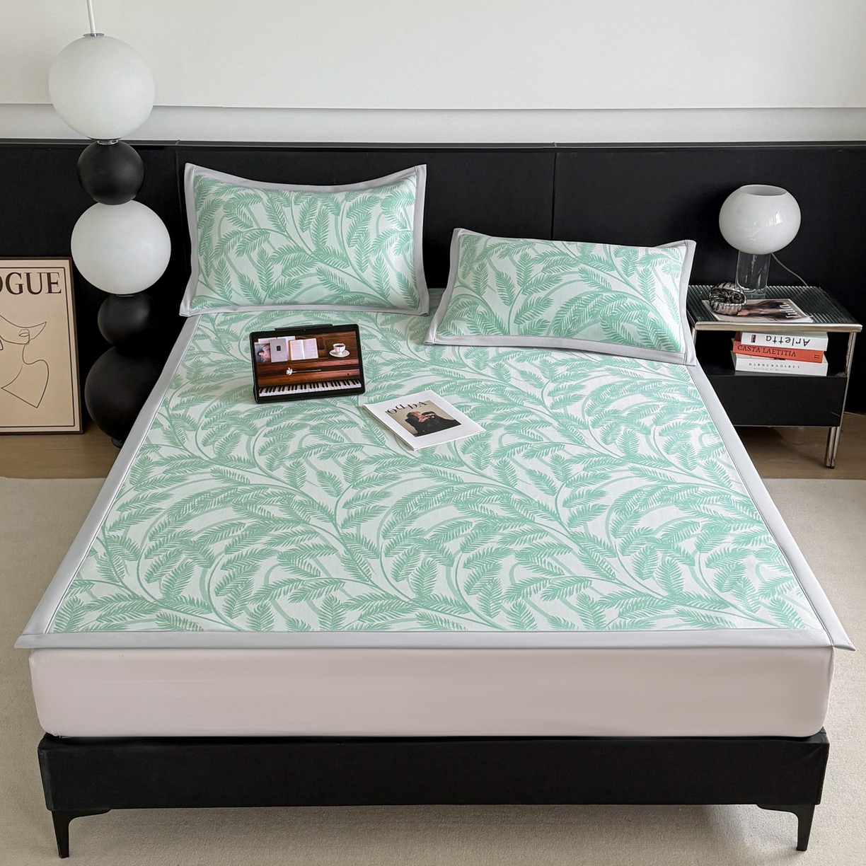 91家纺网 家纺一手货源 找家纺 倾慕家纺 2026新款PE50提花凉感冰丝凉席 针叶绿