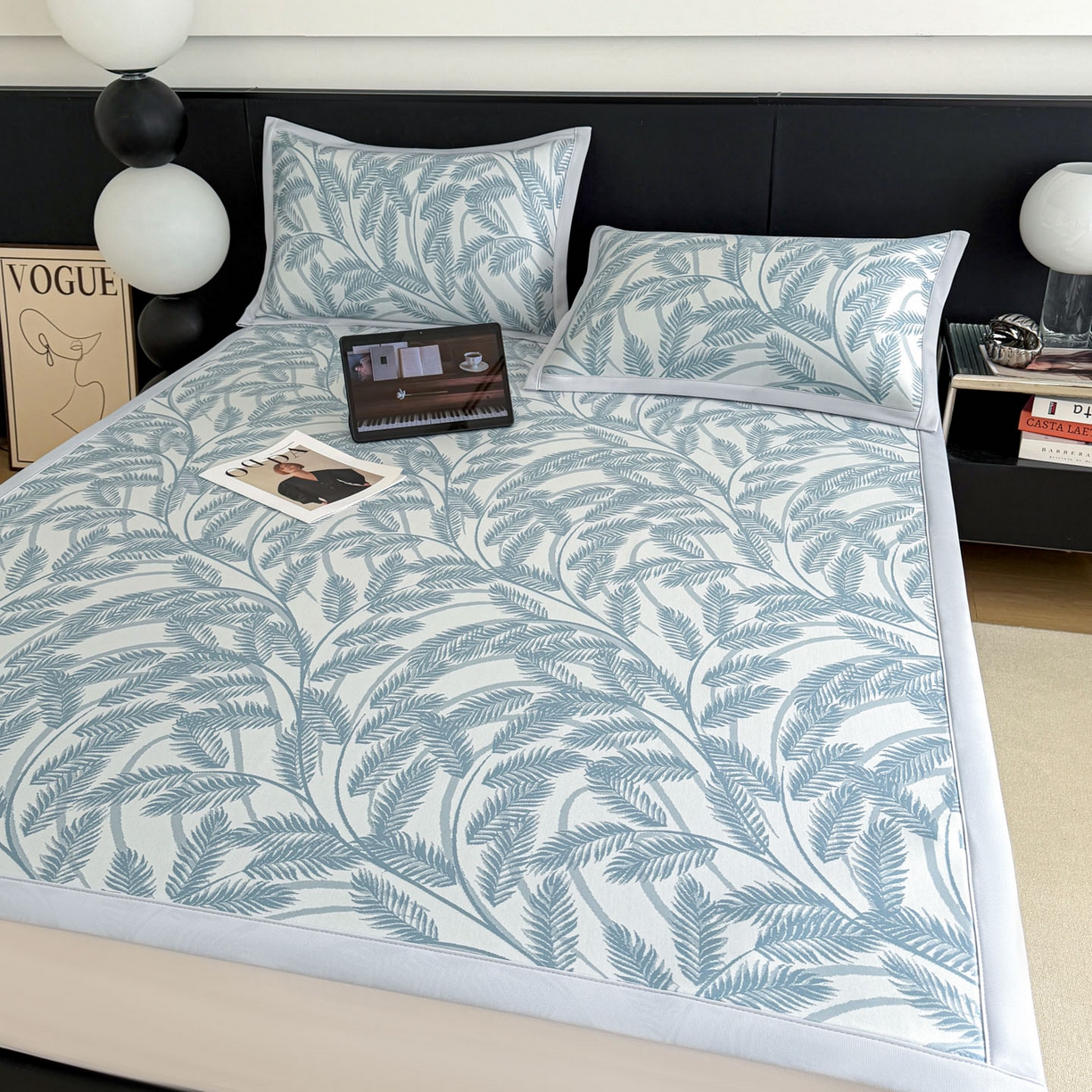 91家纺网 家纺一手货源 找家纺 倾慕家纺 2026新款PE50提花凉感冰丝凉席 针叶蓝