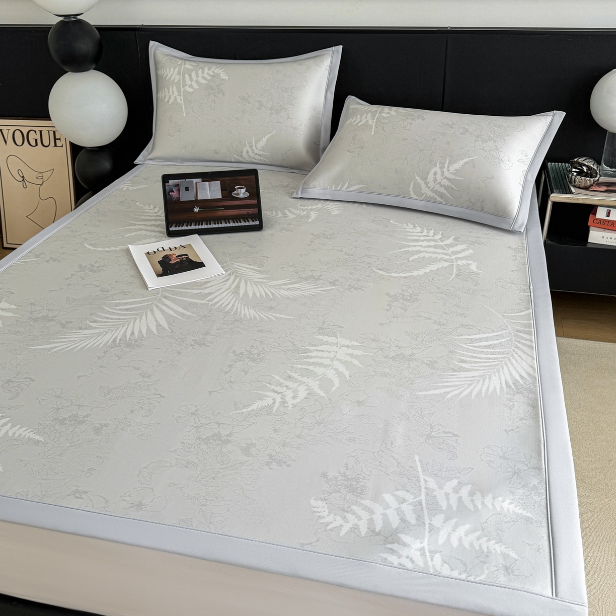 91家纺网 家纺一手货源 找家纺 倾慕家纺 2026新款PE50提花凉感冰丝凉席 叶繁灰